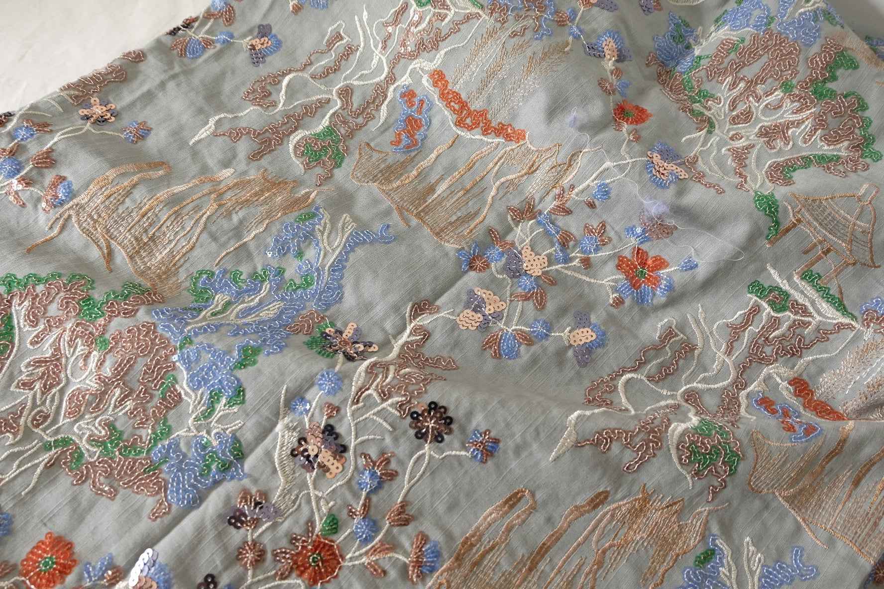 Hand Embroidered Sequin Beaded Landscape Cotton Linen Fabric – 2.2 yd
