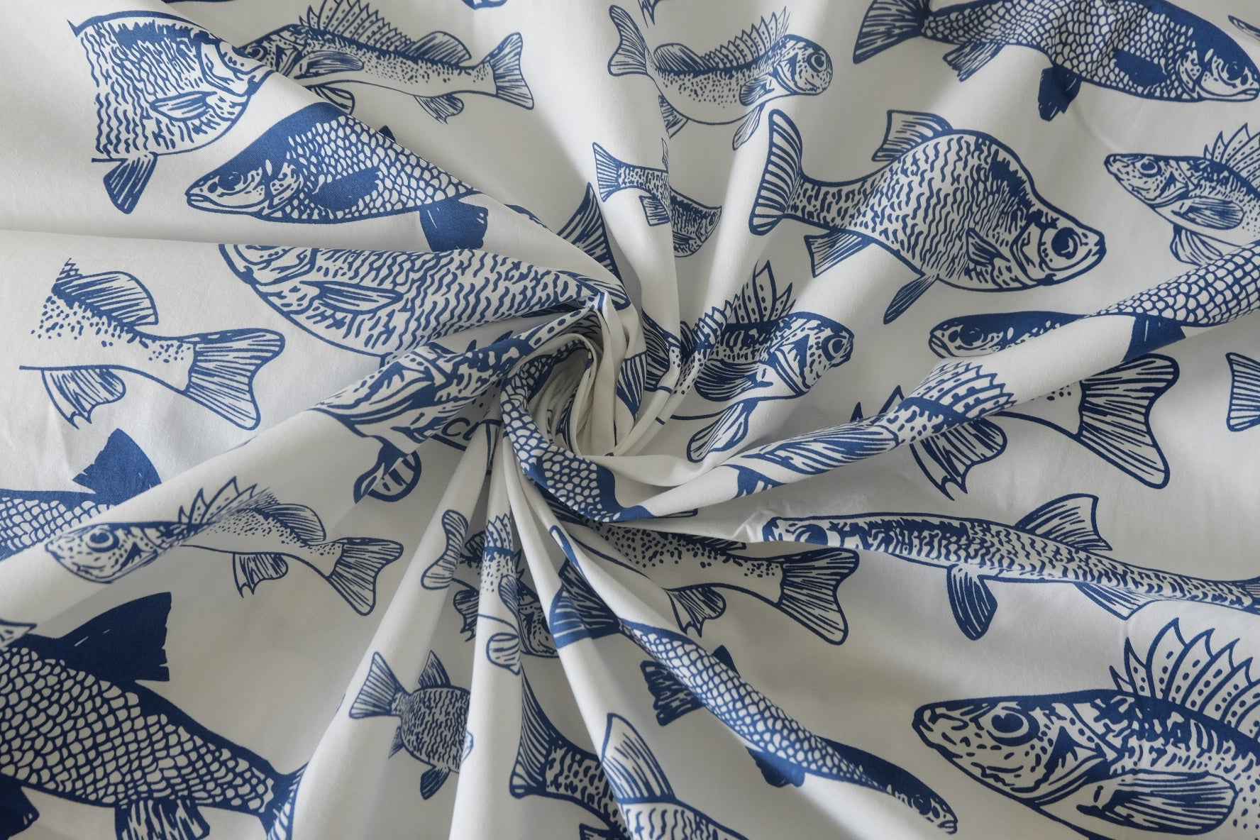 Blue Fish Print Cotton Poplin Fabric – 2.2 Yards