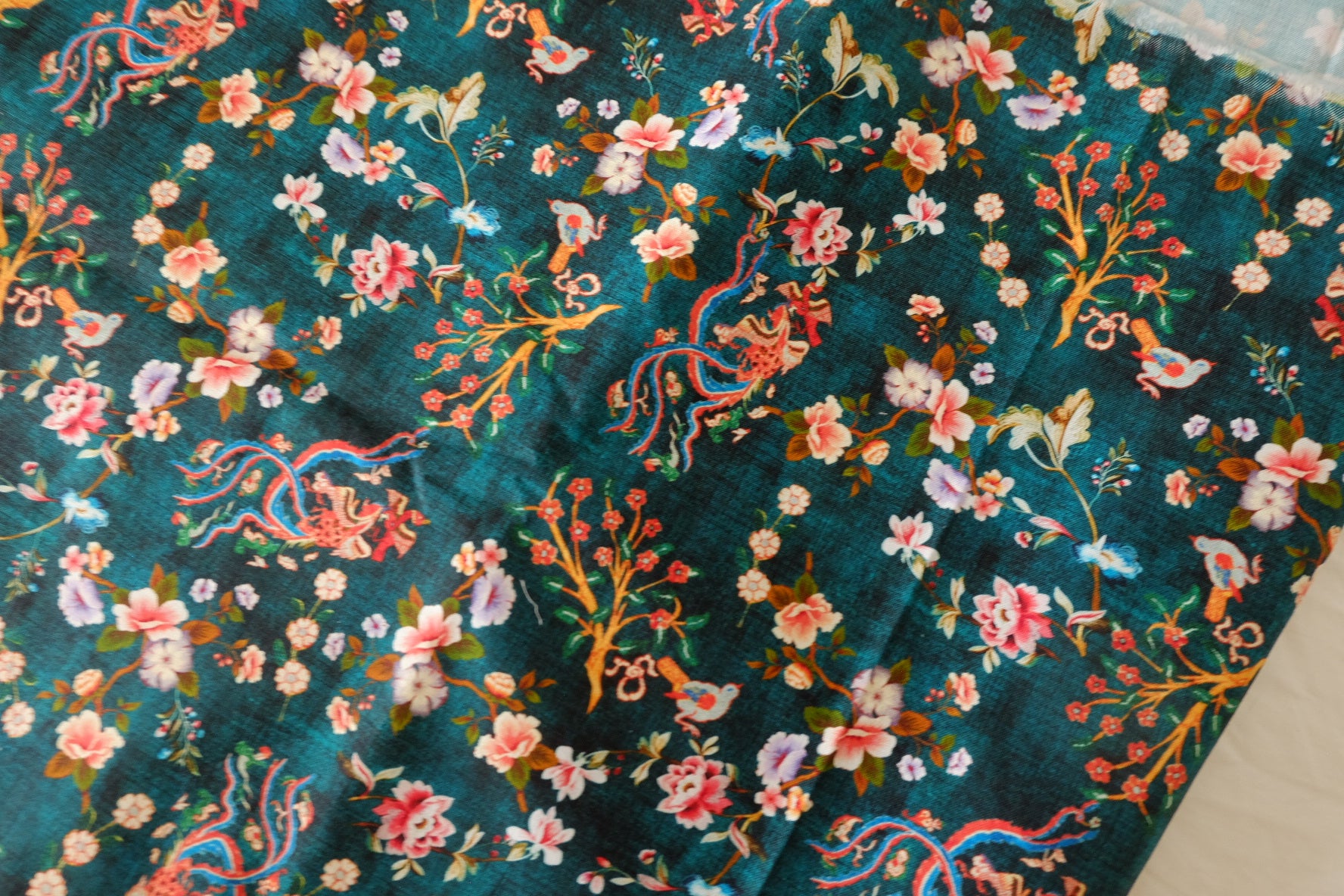 Teal Chinoiserie Floral Bird Cotton Fabric - 2.2 yd