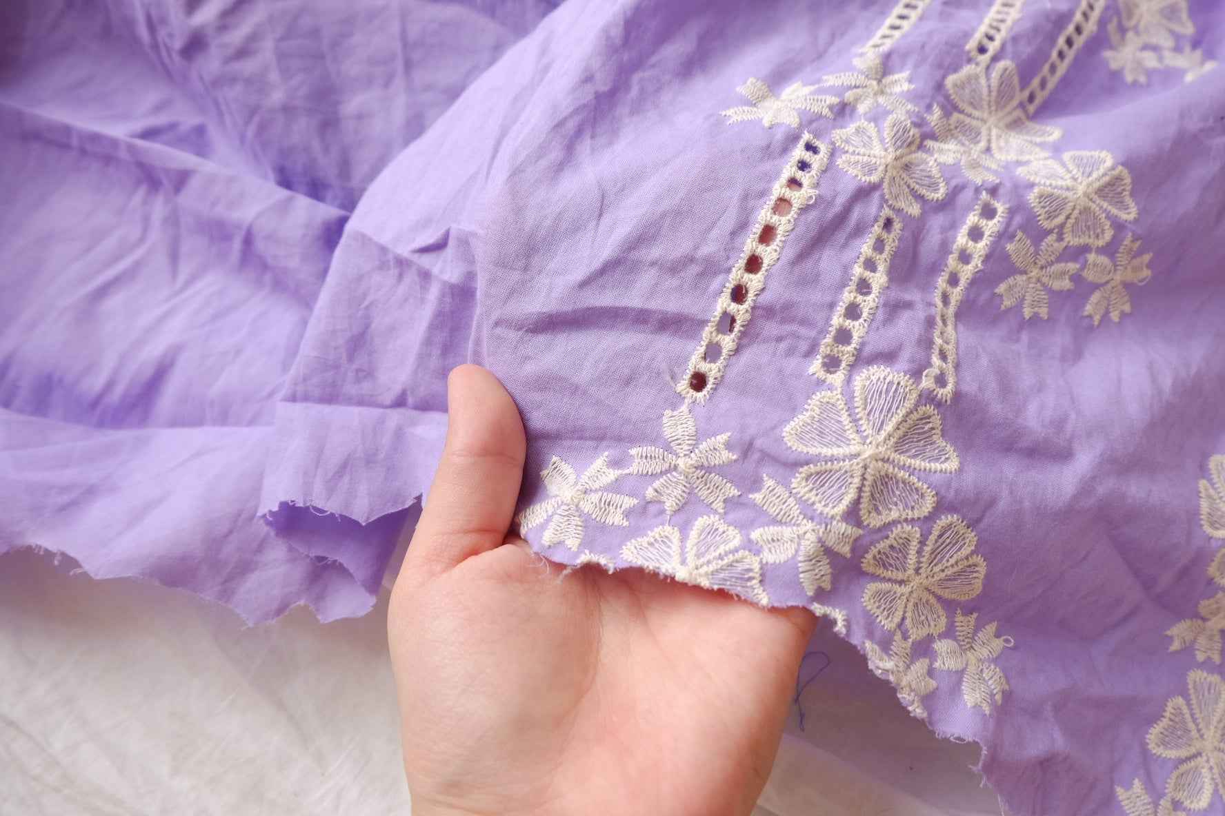 Lilac Embroidered Border Poly-Cotton Fabric - 2.19 yd