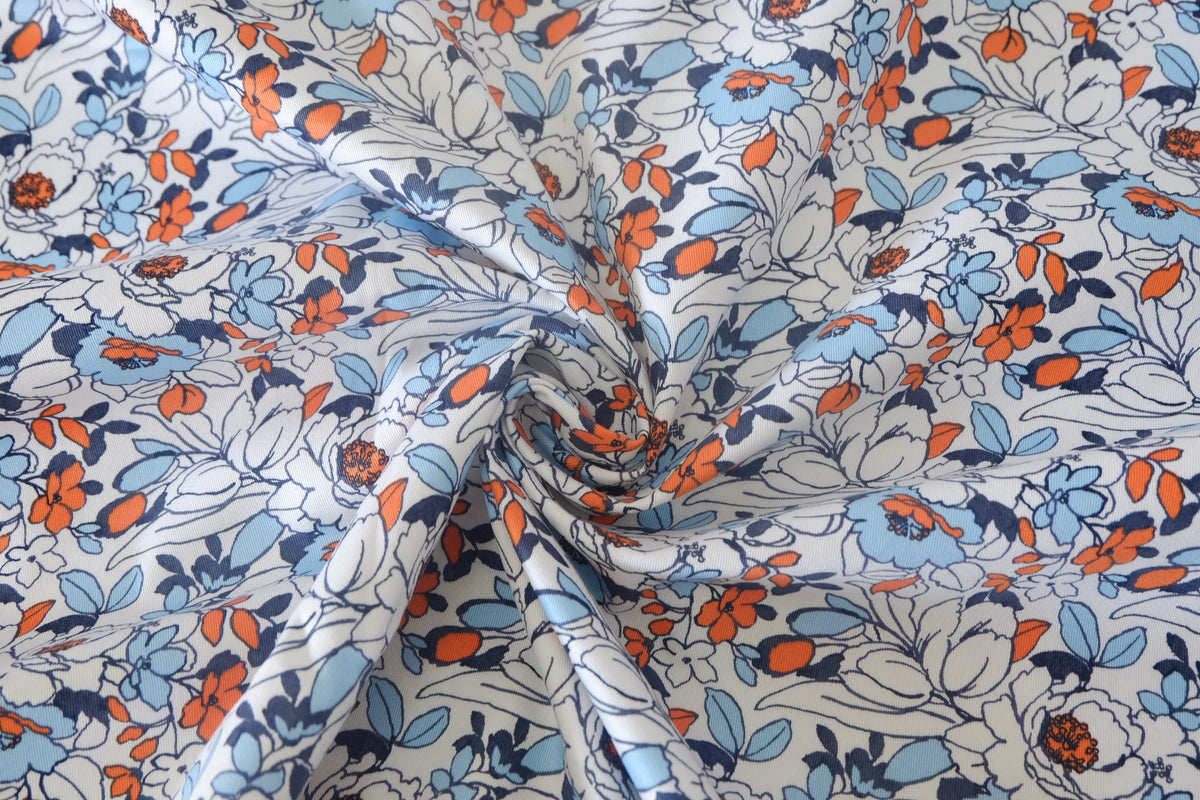 Blue & Orange Floral Cotton Denim – 2.2 yd