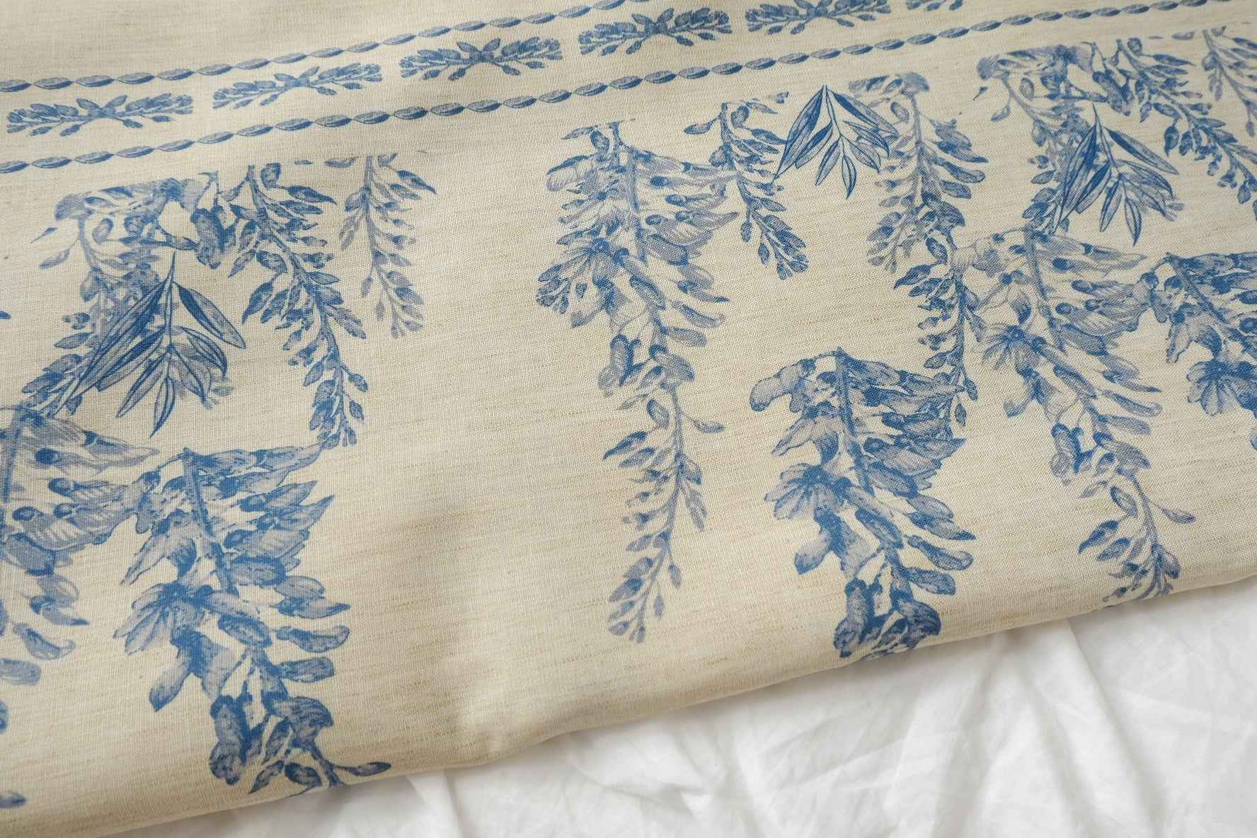 Blue Border Print Linen Blend Fabric, Structured Suiting Weight, 1.64 Yards