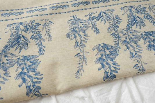 Blue Border Print Linen Blend Fabric, Structured Suiting Weight, 1.64 Yards