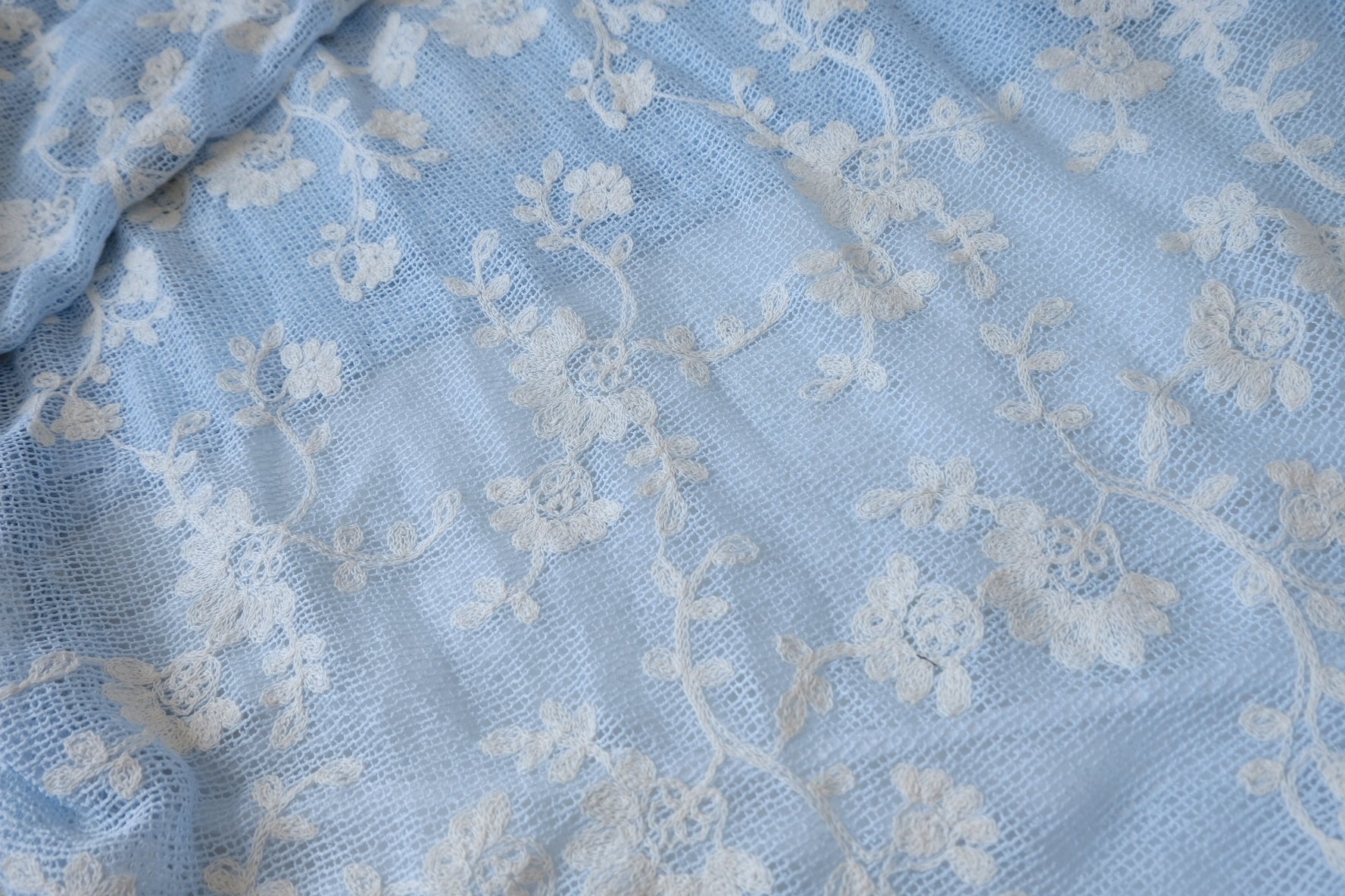 Powder Blue Embroidered Mesh Lace Fabric - 2.19 yd