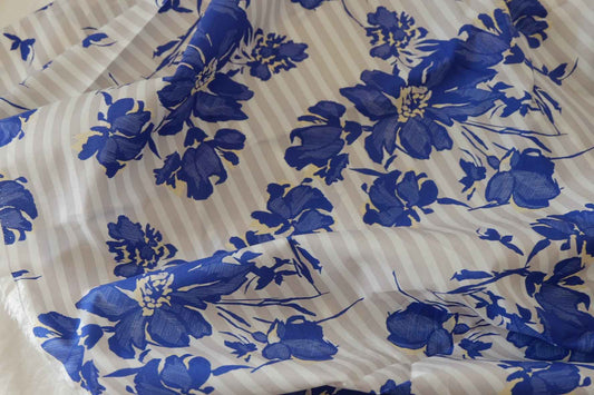 Blue Floral Stripe Cotton Lawn Fabric – Lightweight Summer Garden Print – 1.6 yd