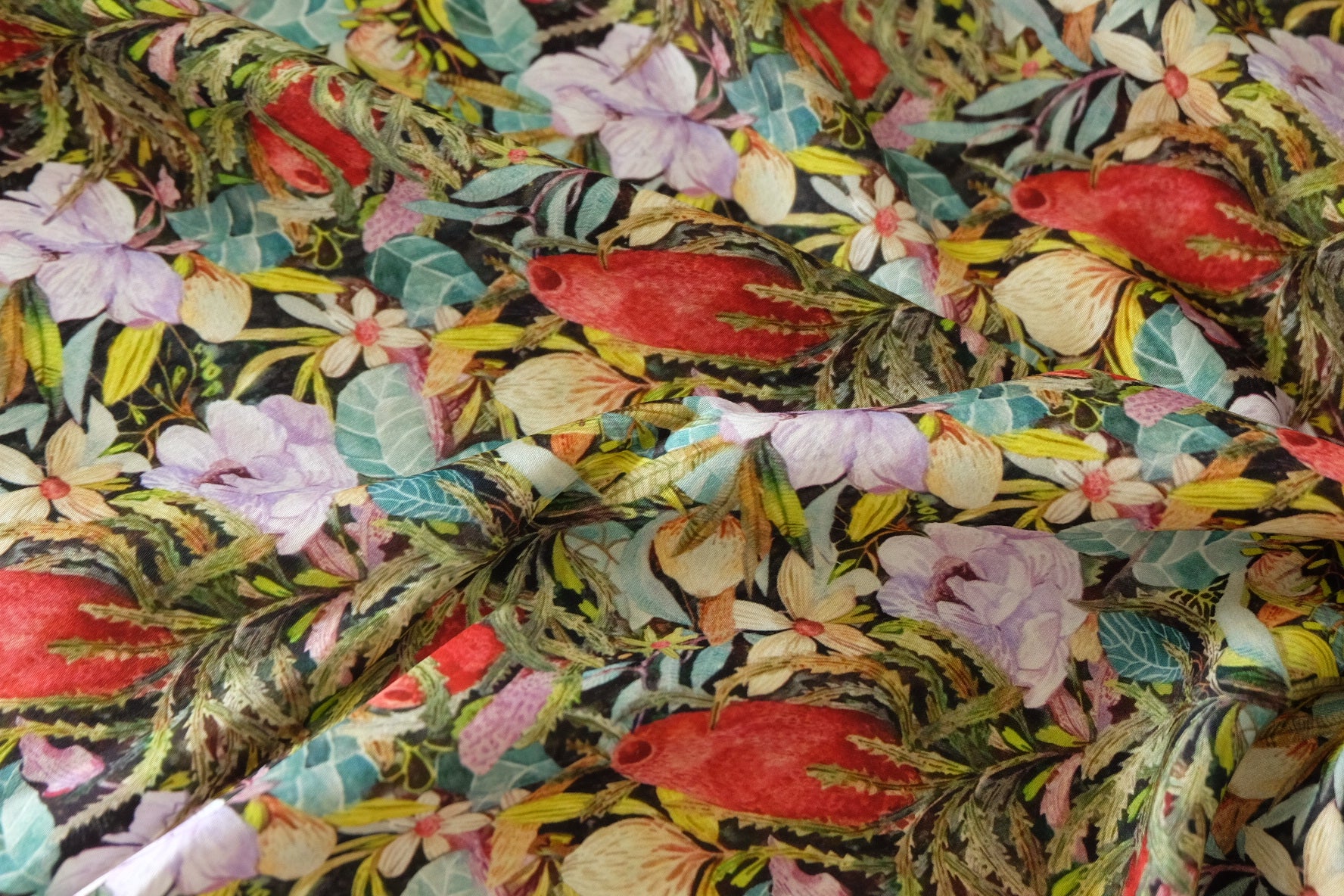 Silky Rayon Satin Fabric – Tropical Botanical Print on Black – 2.2 yd