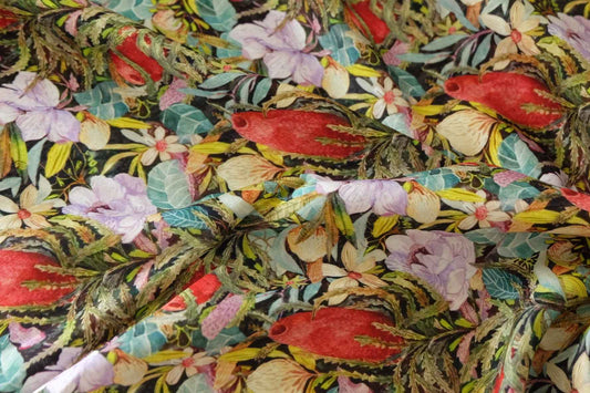 Silky Rayon Satin Fabric – Tropical Botanical Print on Black – 2.2 yd