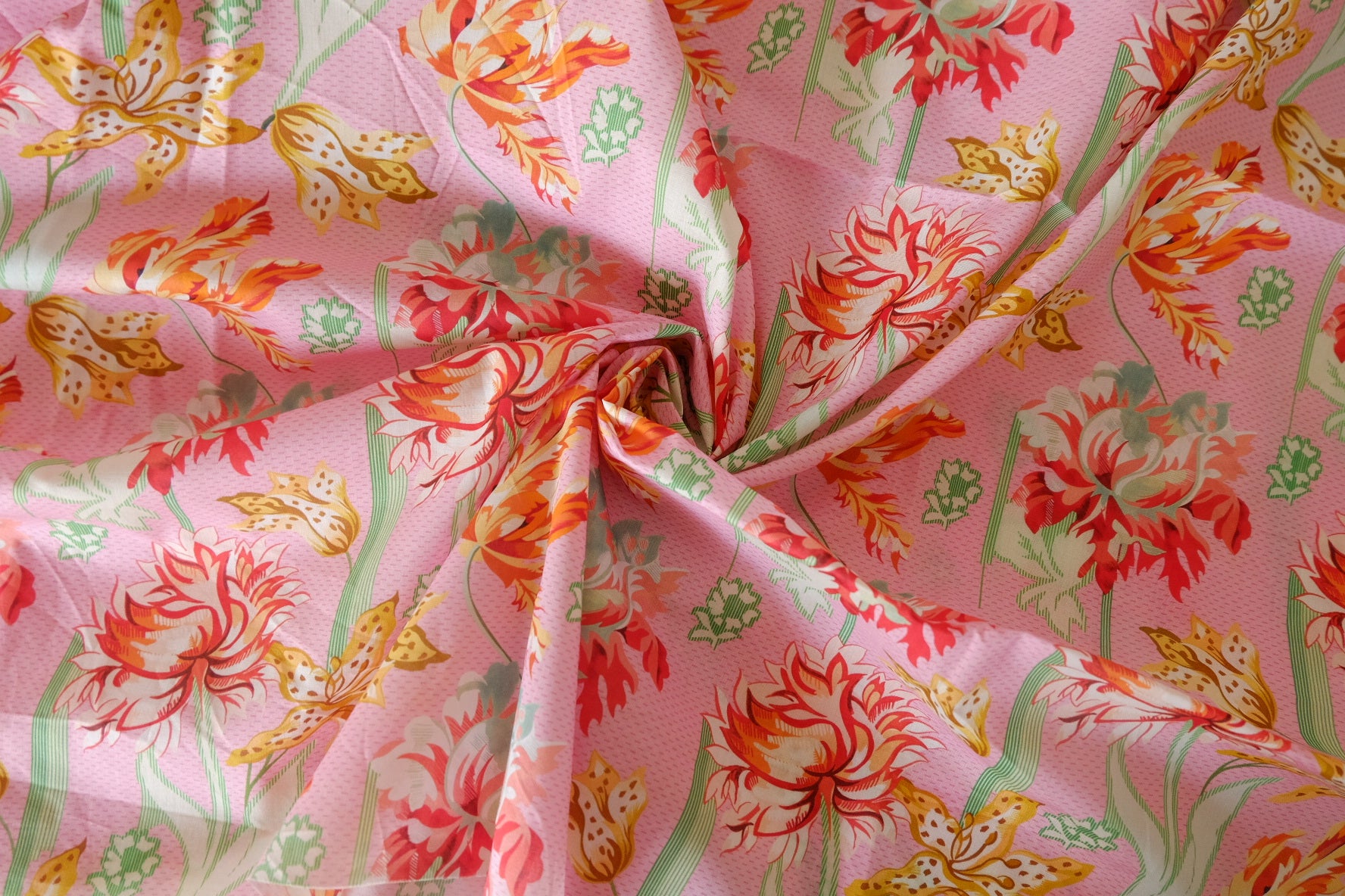 Pink Botanical Garden Silky Cotton Lawn Fabric | Vintage Floral Dressmaking Cotton – 3.06 yd