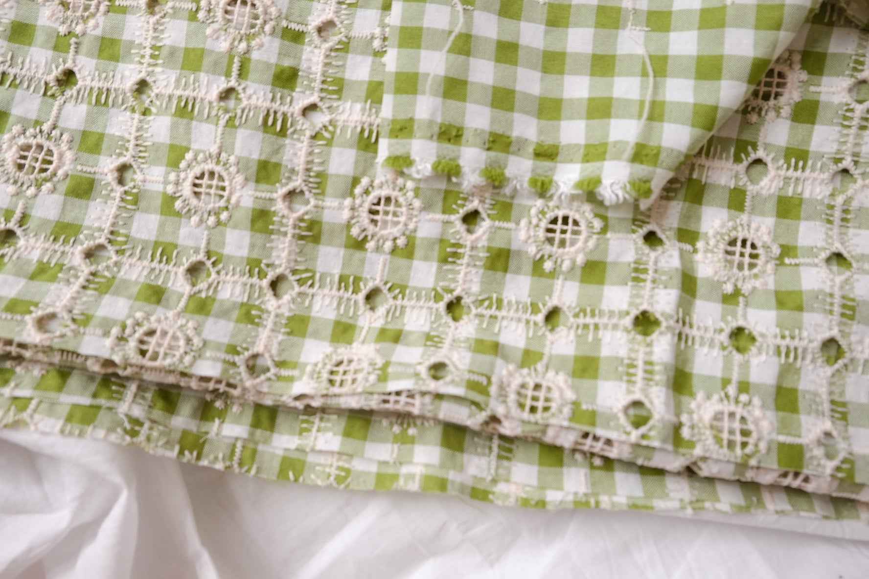 Apple Green Gingham Embroidered Eyelet Fabric, Lightweight Opaque Cotton Blend, 2.19 Yards