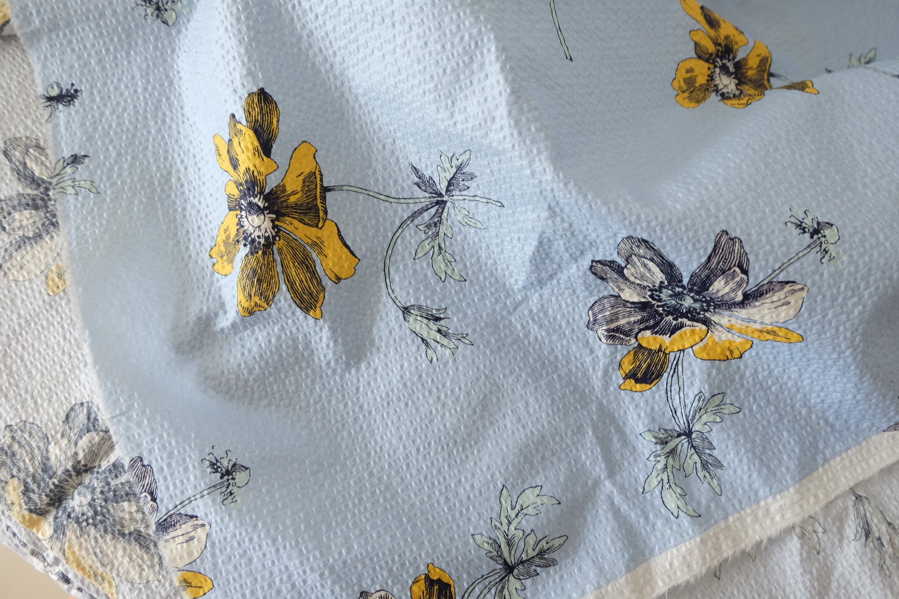Textured Blue Floral Salt-Shrink Cotton Fabric - 3.3 yd