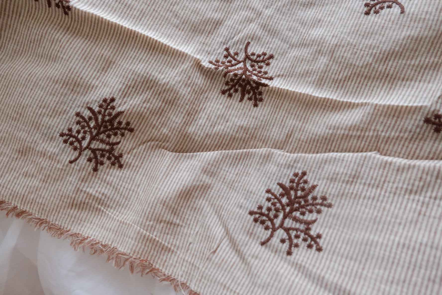 Brown Embroidered Stripe Cotton-Linen Fabric - 1.59 yd