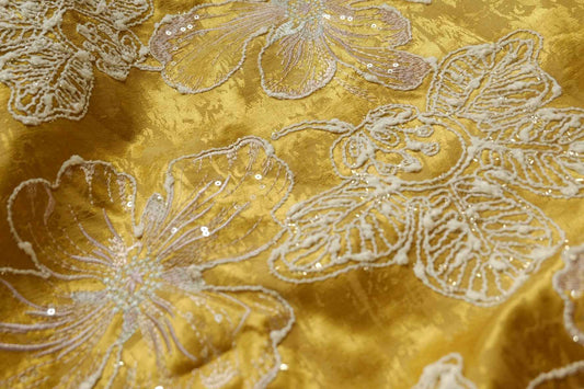 Golden Floral Embroidered Jacquard Satin, Structured Statement Fabric, 2.19 Yards