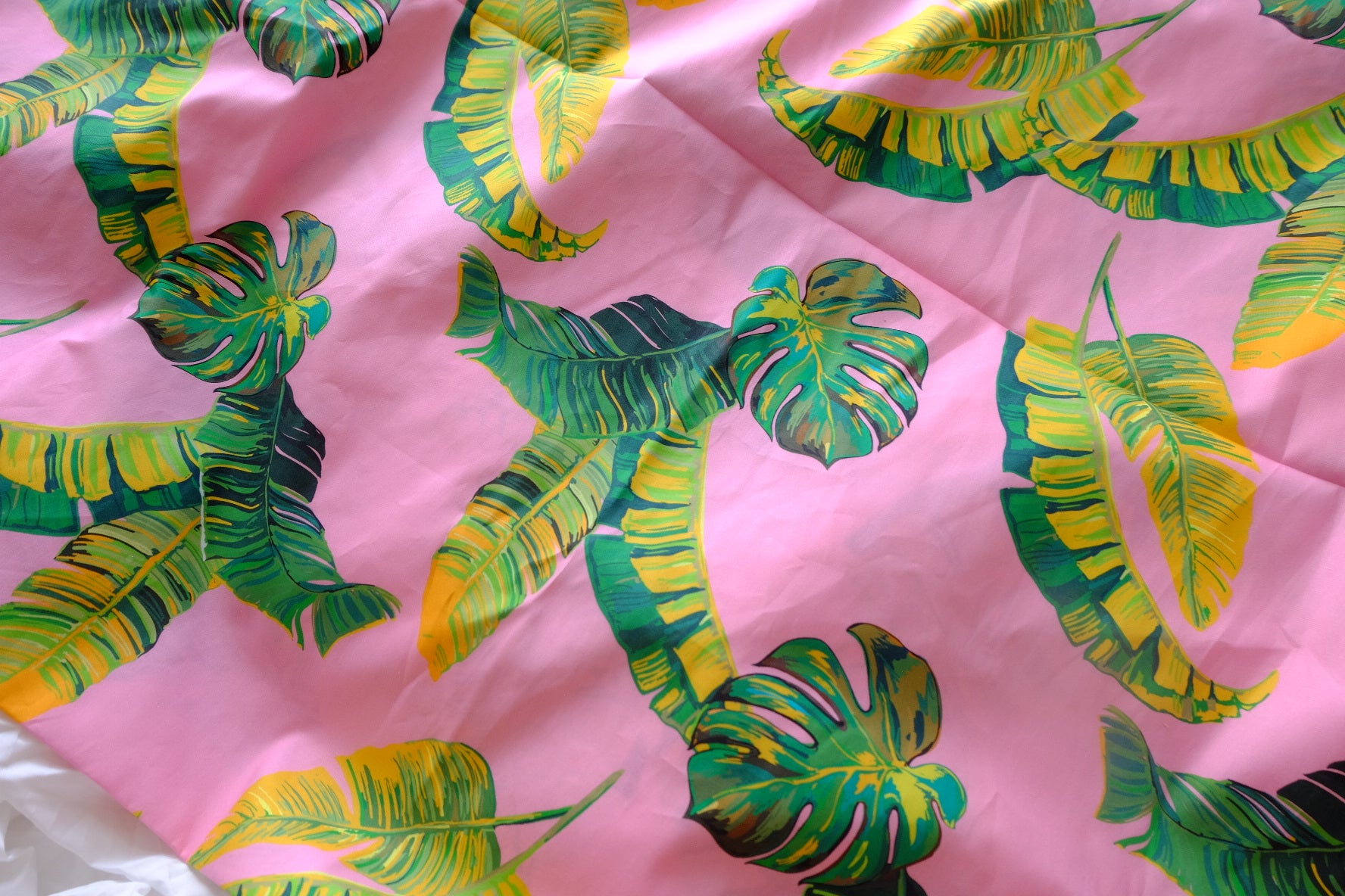 Pink Tropical Leaf Cotton Poplin Fabric - 3.28 yd