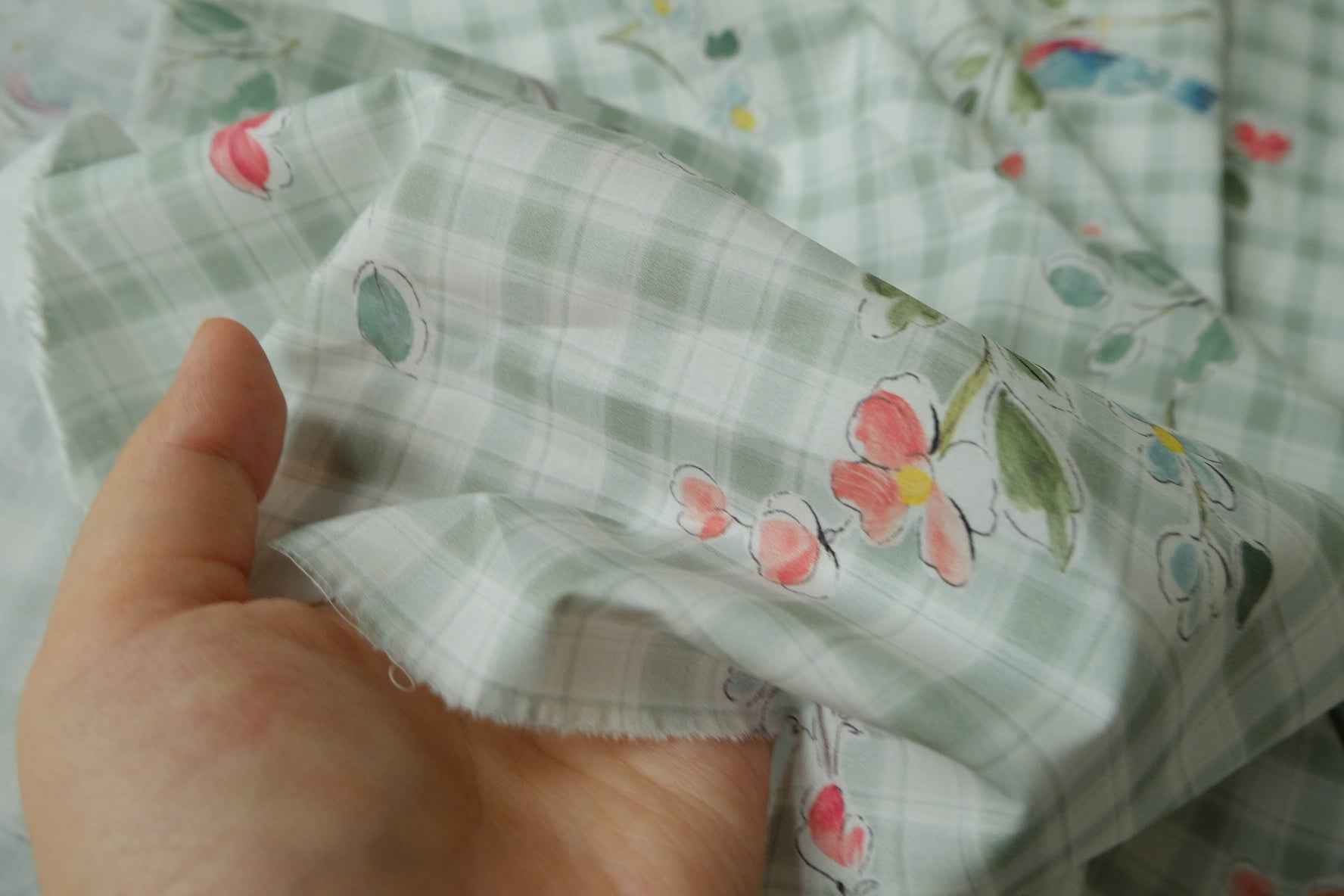 Sage Plaid Bird Floral Cotton Poplin Fabric, Lightweight Smooth Cotton, 3.28 Yards