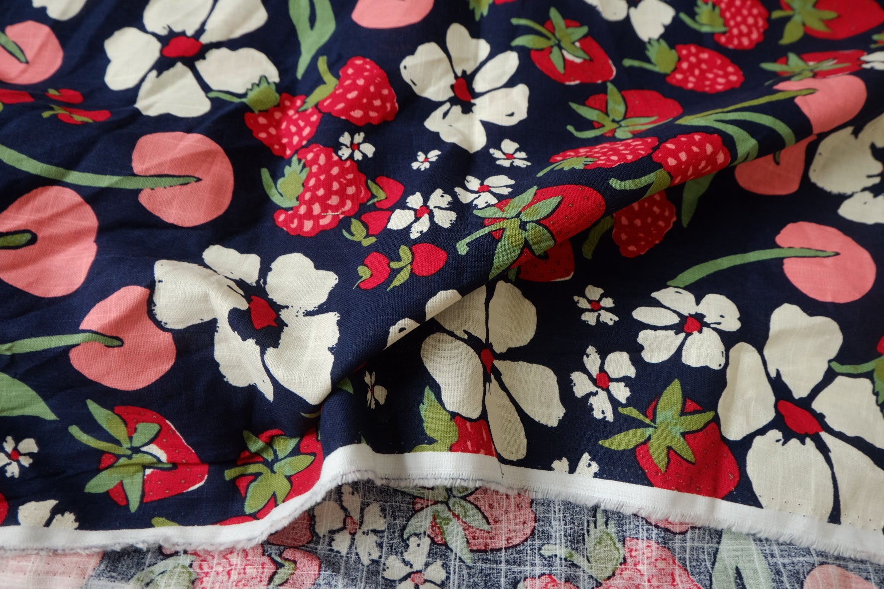 Strawberry Cherry Linen Cotton Fabric - 1.48 yd
