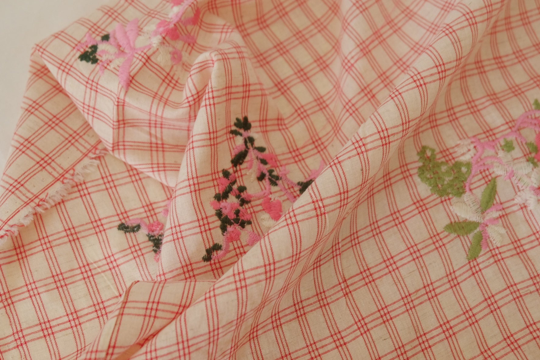 Embroidered Linen Cotton Blend Check Fabric – Pink Floral Detail – 1.3 yd