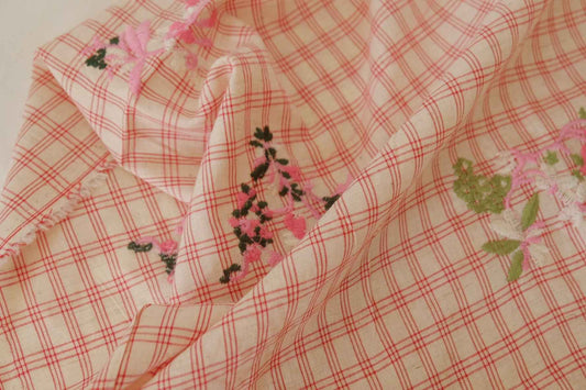 Embroidered Linen Cotton Blend Check Fabric – Pink Floral Detail – 1.3 yd