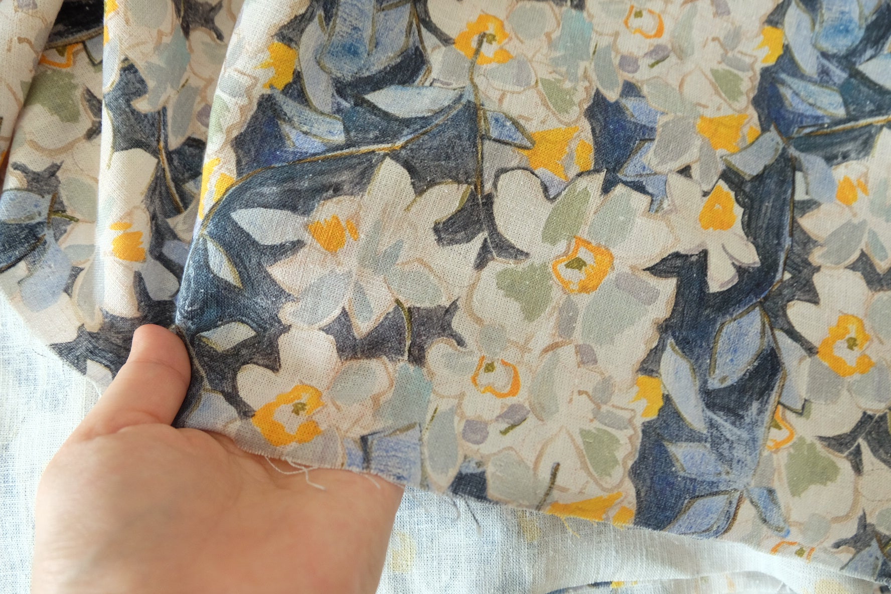 Watercolor Floral Pure Linen Fabric – Blue & Cream Botanical Print – 2.19 yd