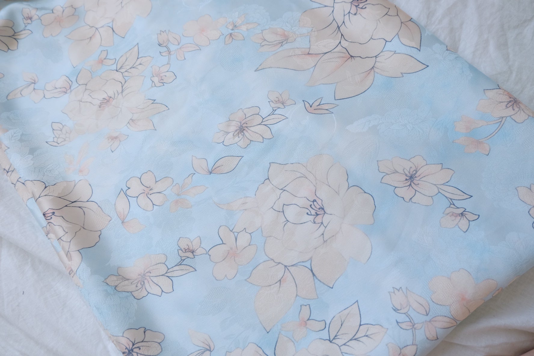 Pale Blue Floral Rayon-Acetate Jacquard Satin Fabric - 1.64 yd
