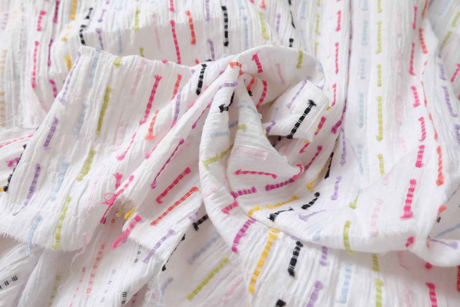 Crinkled Cotton Clip Dot Fabric with Multicolor Embroidery, Soft Opaque Summer Blouse Fabric, 2.19 Yards