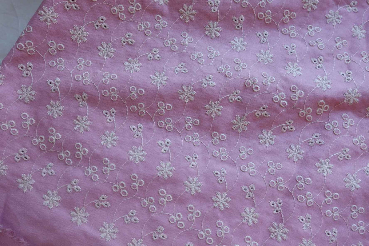 Dusty Rose Floral Embroidered Cotton Denim Fabric – 2.19 yd