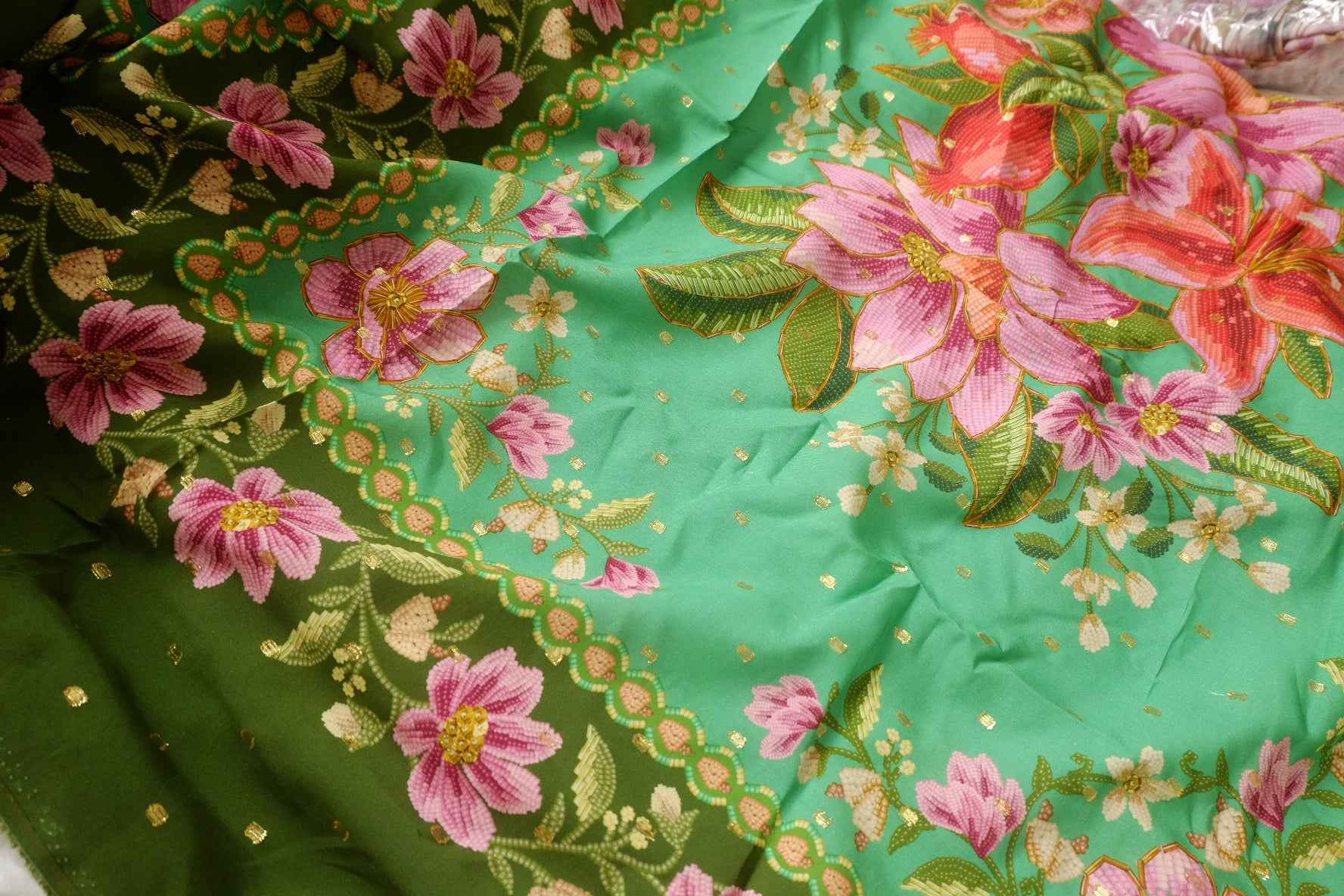 Metallic-Dotted Rayon Floral Panel Fabric - 1.75 yd