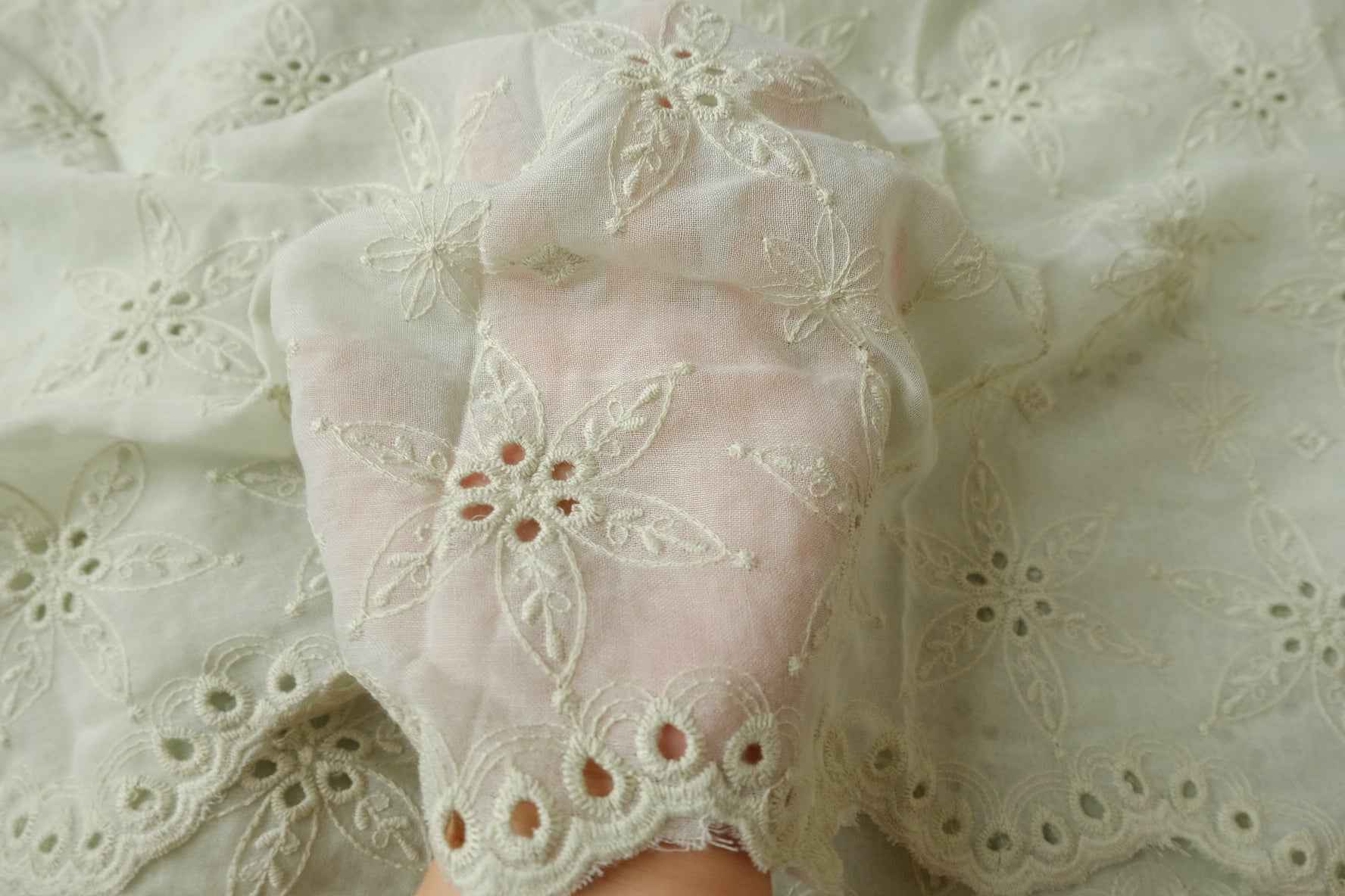 Embroidered Tencel Linen Fabric with Eyelet Lace Edge, Airy Dress Weight, 2.62 Yards