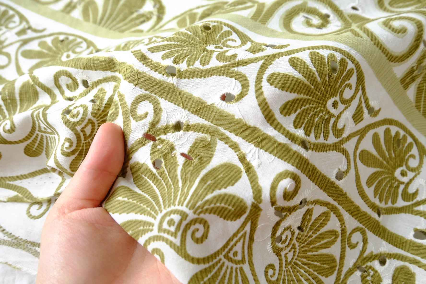 Olive Scrollwork Cotton Eyelet Embroidery Fabric - 1.53 Yards
