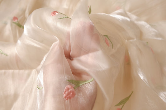 Champagne Tulip Embroidered Sheer Fabric, Soft & Shimmery, 3.3 Yards