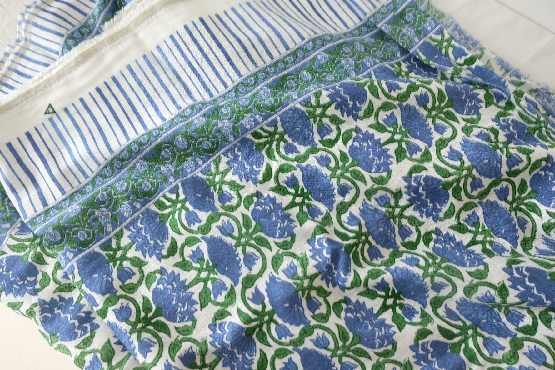Blue Green Floral Border Print Cotton Linen Fabric - 2.2 yd