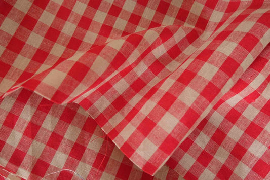 Pure Linen Gingham Fabric – Red & White Woven Check – 2 yd