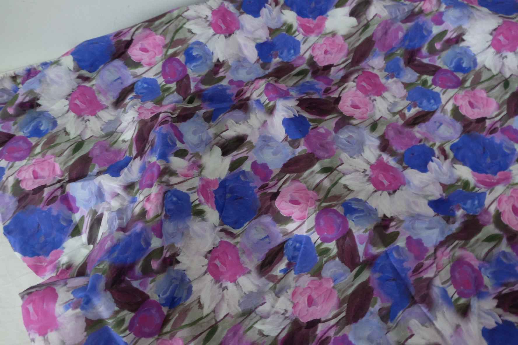 Blue Pink Painterly Floral Cotton Poplin Fabric - 3.3 yd