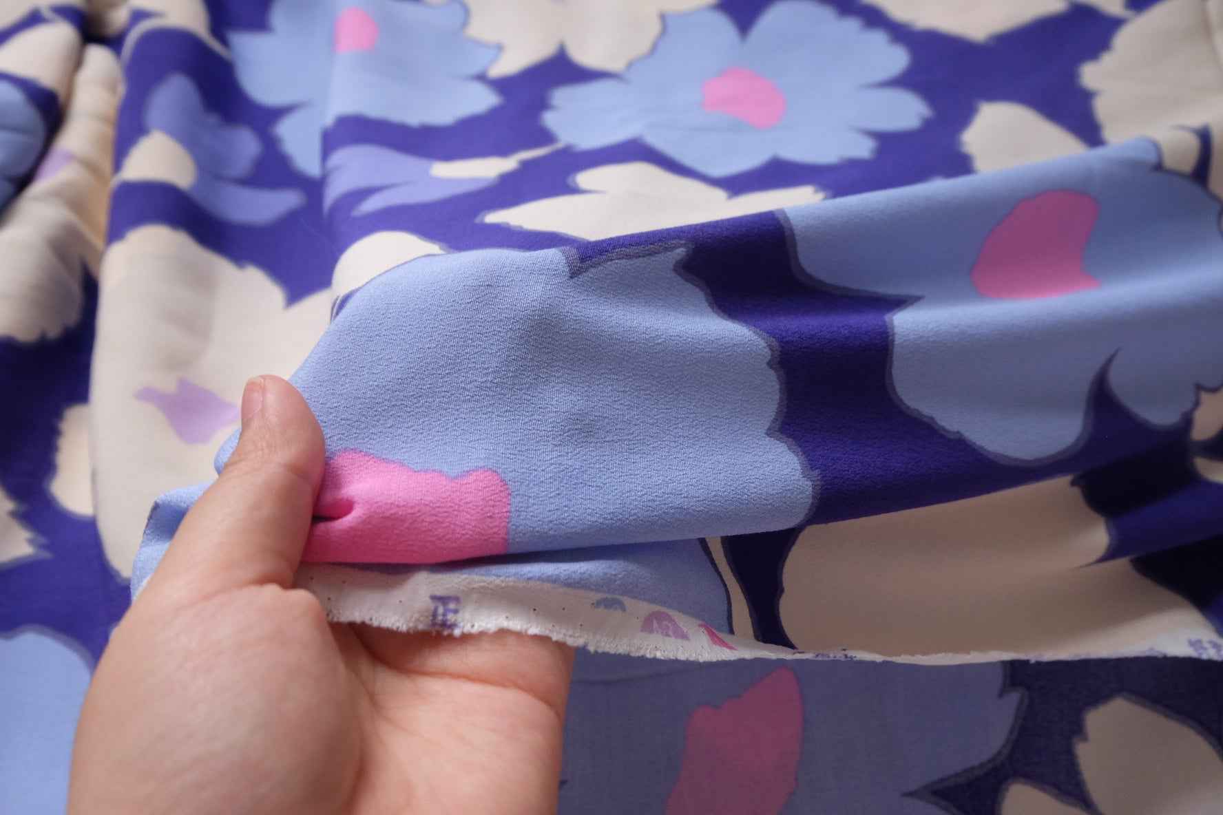 Bold Blue Pink Floral Plant Fiber Dress Fabric, Sold by the yard