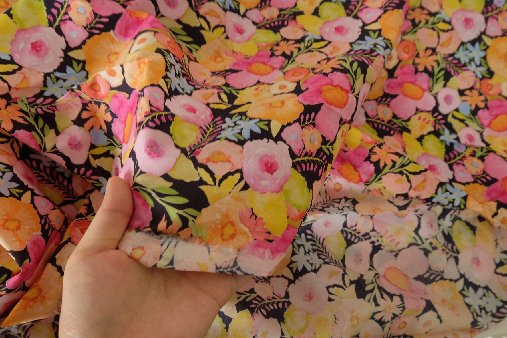 Bright Watercolor Floral Cotton Lawn Fabric - 2.5 yd