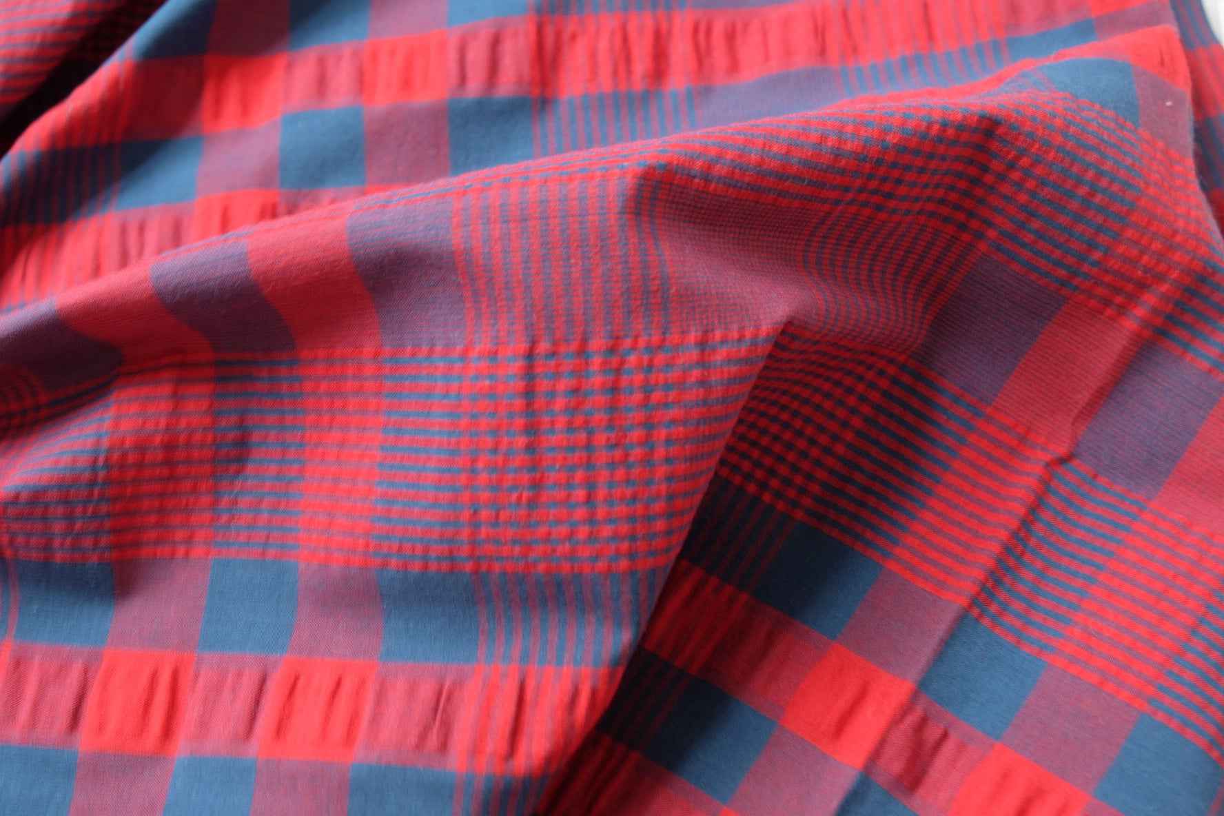 Blue Red Yarn-Dyed Seersucker Plaid Cotton Fabric, Crisp Medium Weight, 2.19 Yards