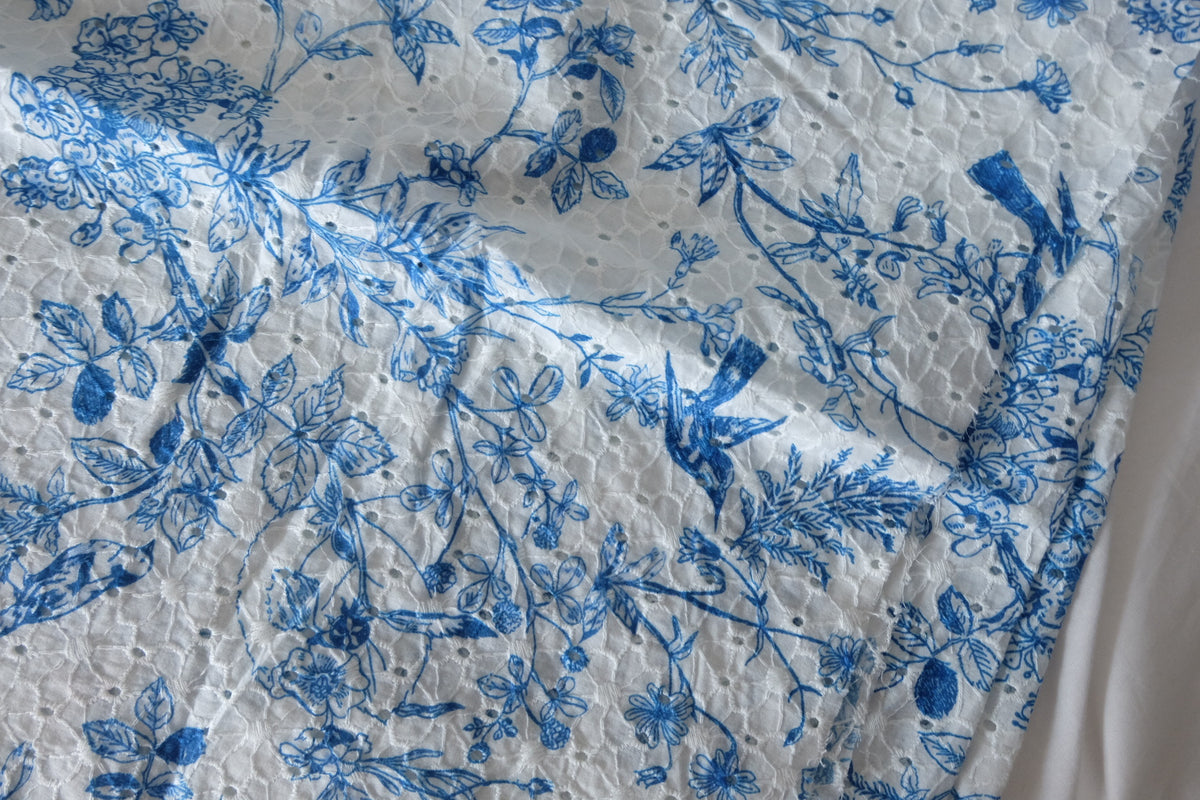 Blue Floral Bird Cotton Eyelet Fabric – 2.6 yd