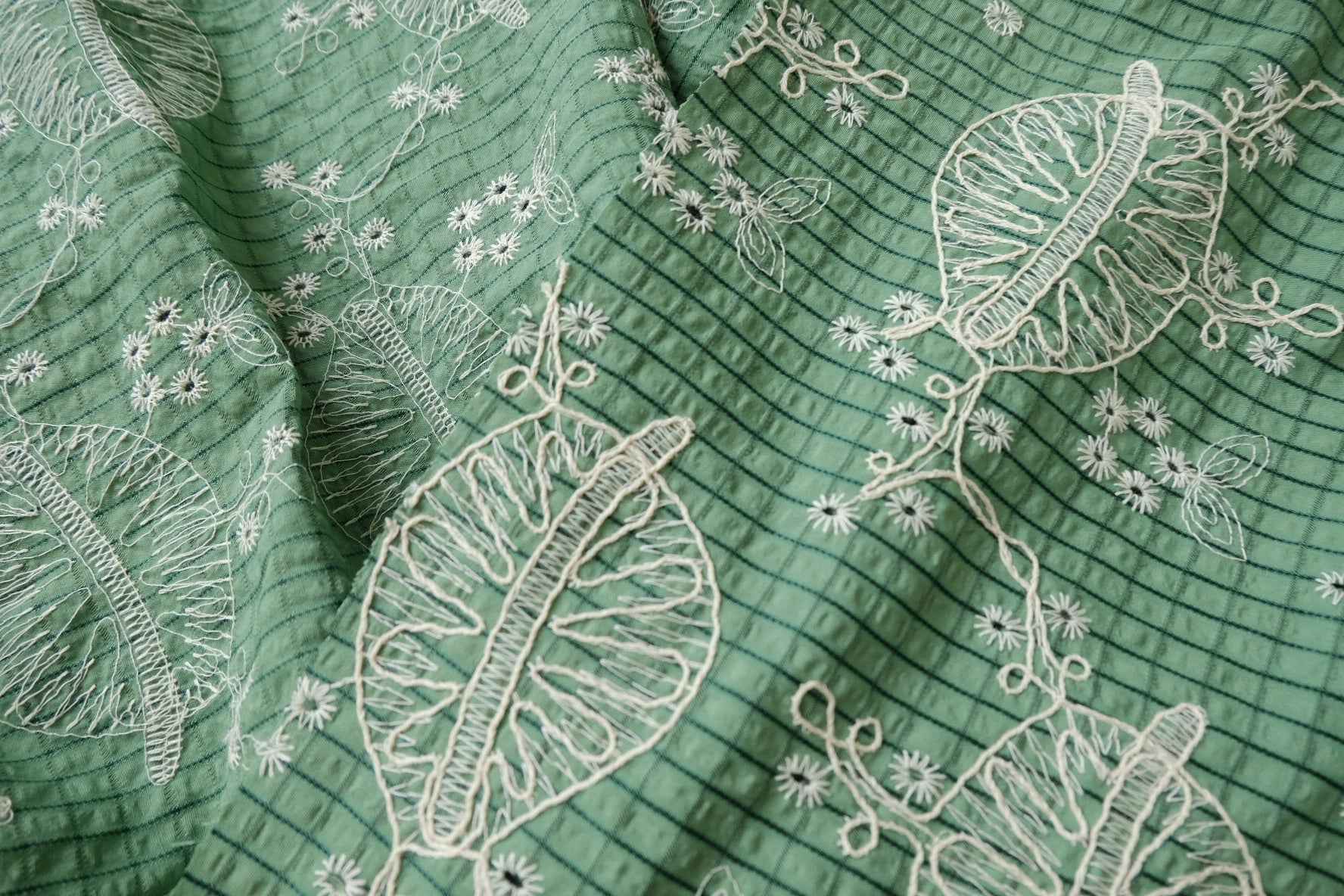 Green Bubble Texture Embroidered Fabric with Cotton Thread Openwork, Soft Airy Dress Weight, 2.19 Yards