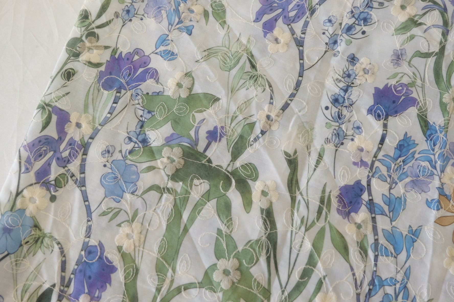 Blue Floral Embroidered Cotton Blend Fabric – 2.7 yd