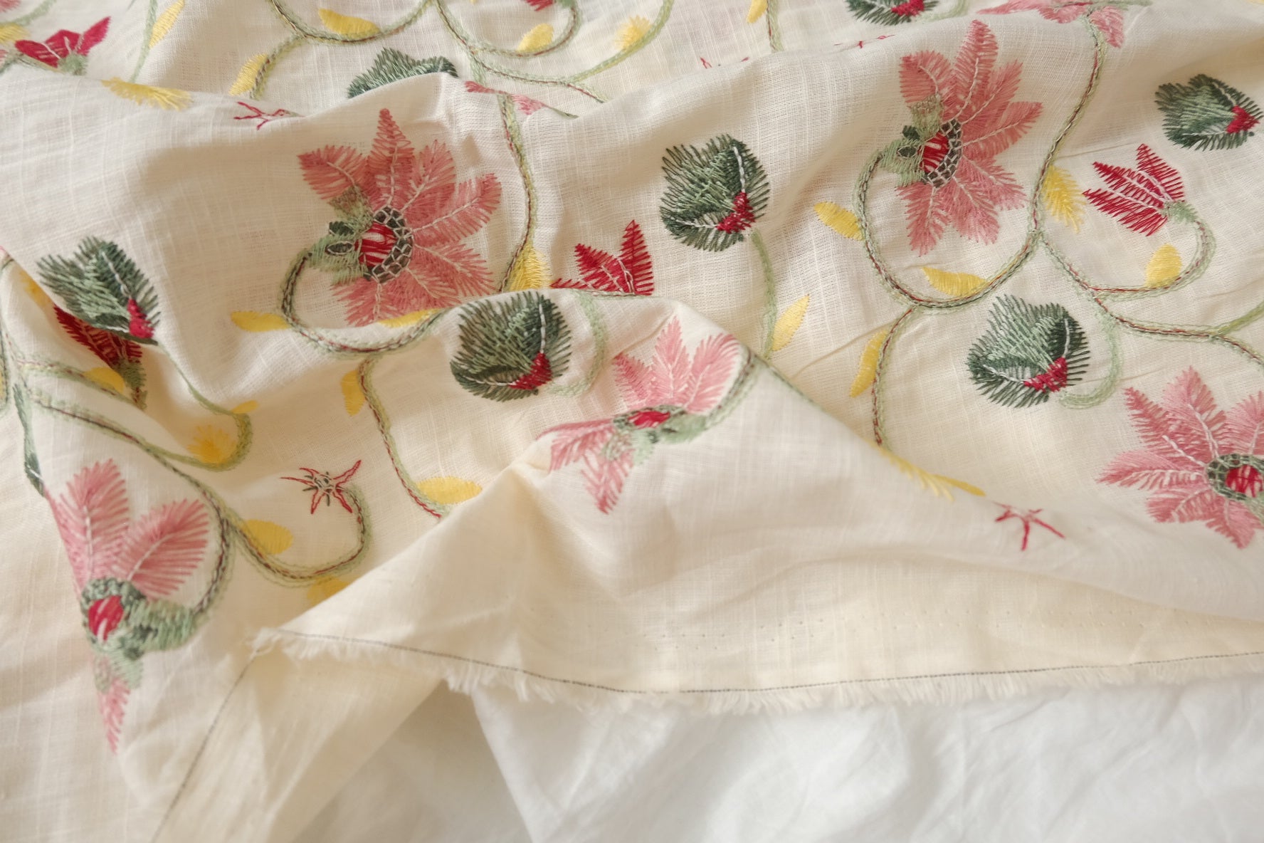 Embroidered Linen-Viscose Blend Floral on Ivory — 1.5 Yards
