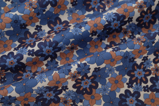 Retro Blue & Peach Flower Power Cotton Lawn – 2.2 Yards