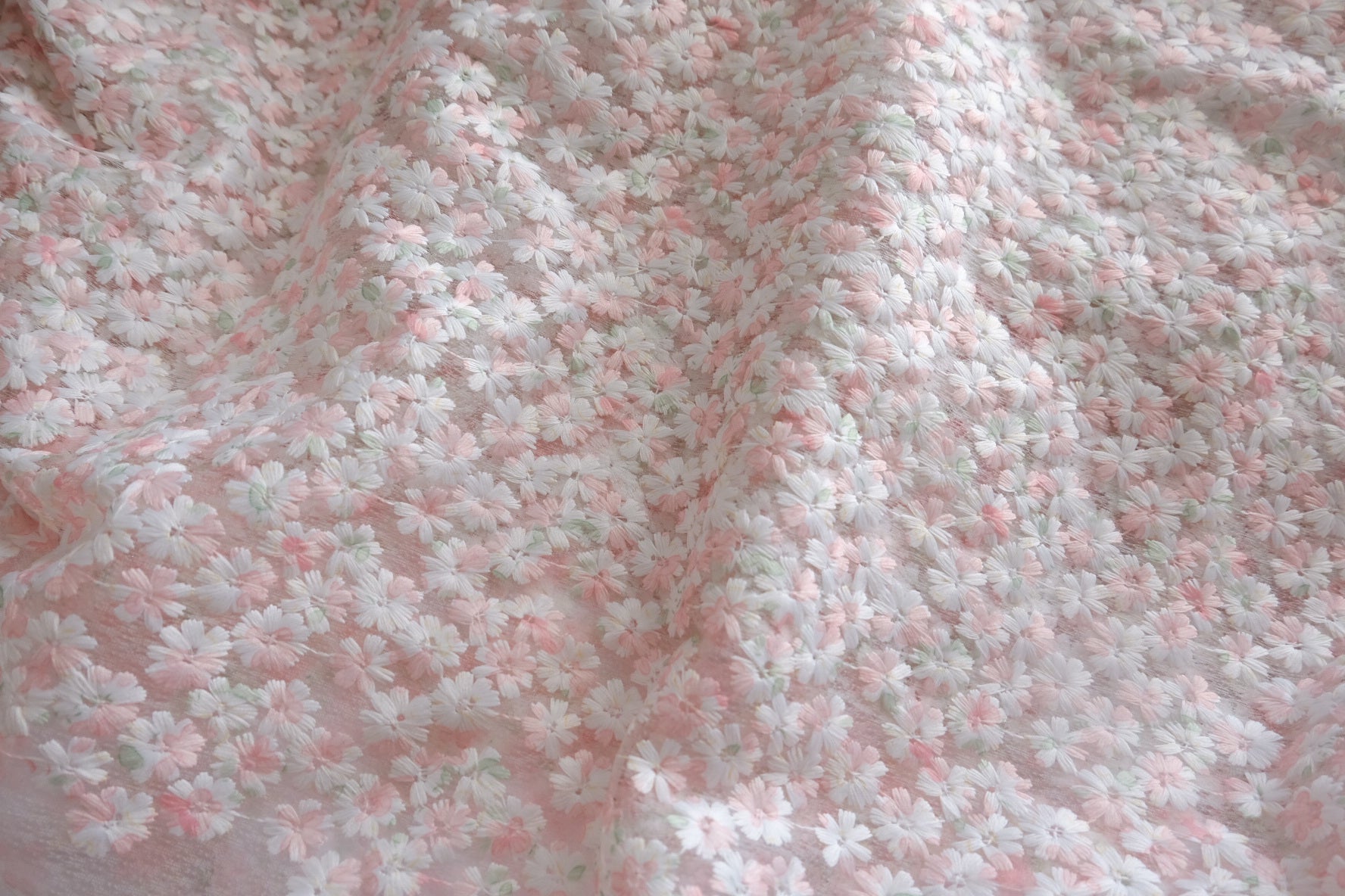 Pink Daisy Embroidered Tulle Fabric - 1.42 yd / 2.84 yd