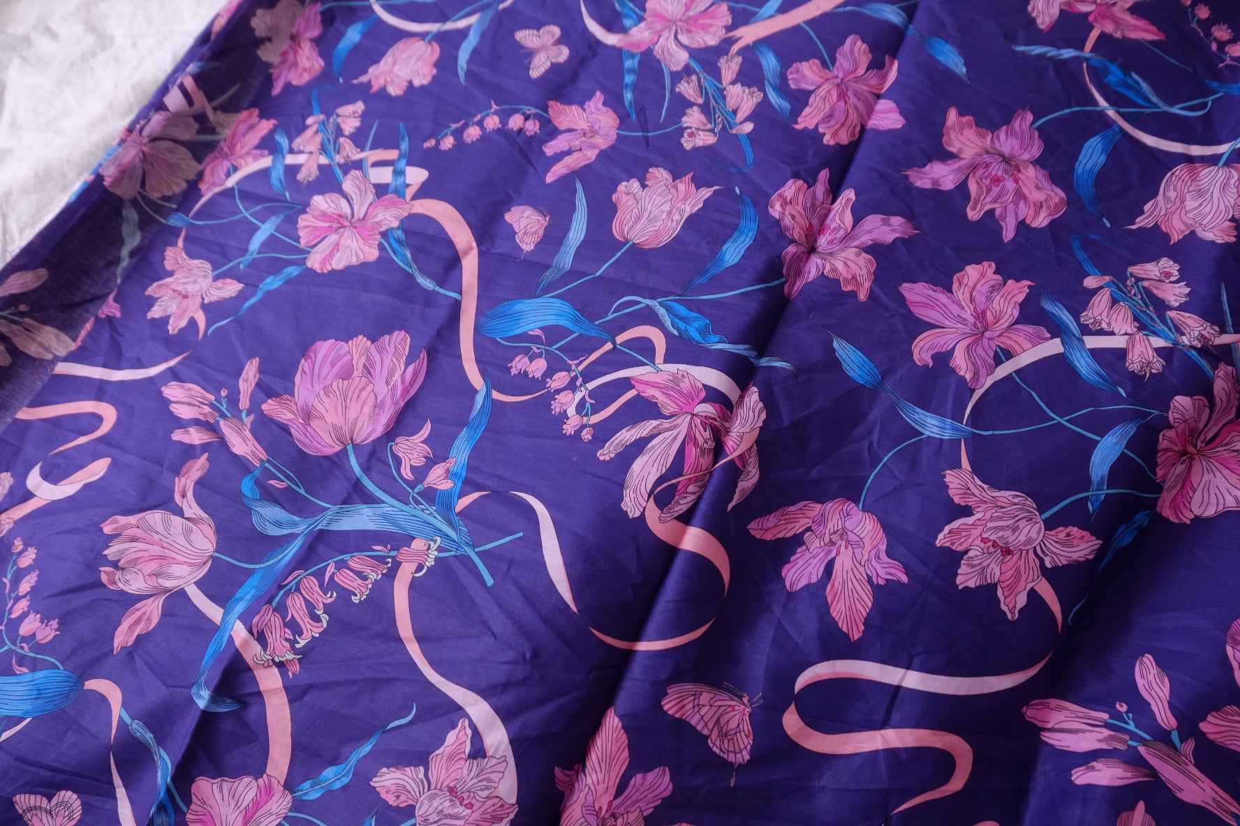 Purple Lily Ribbon Cotton Lawn Fabric - 3.28 yd