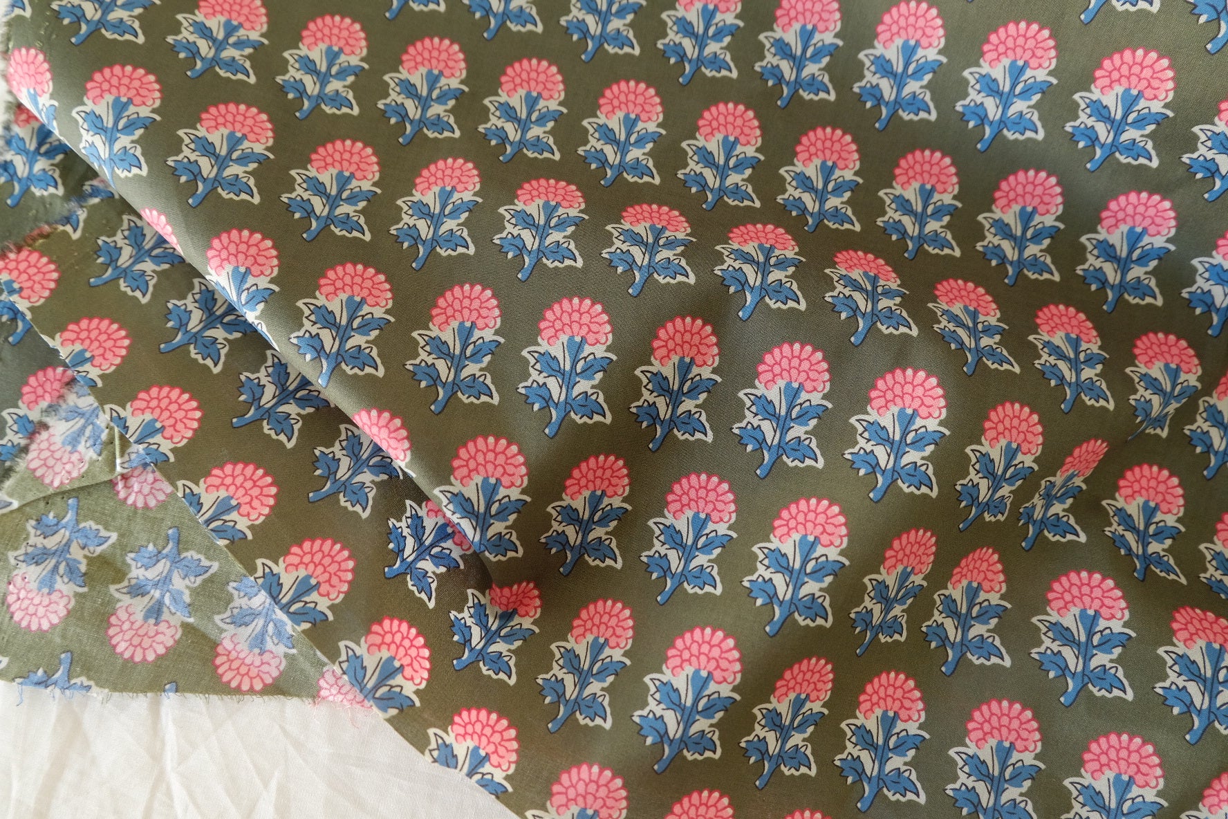 Olive Block Floral Cotton Poplin Fabric – 2.2 yd