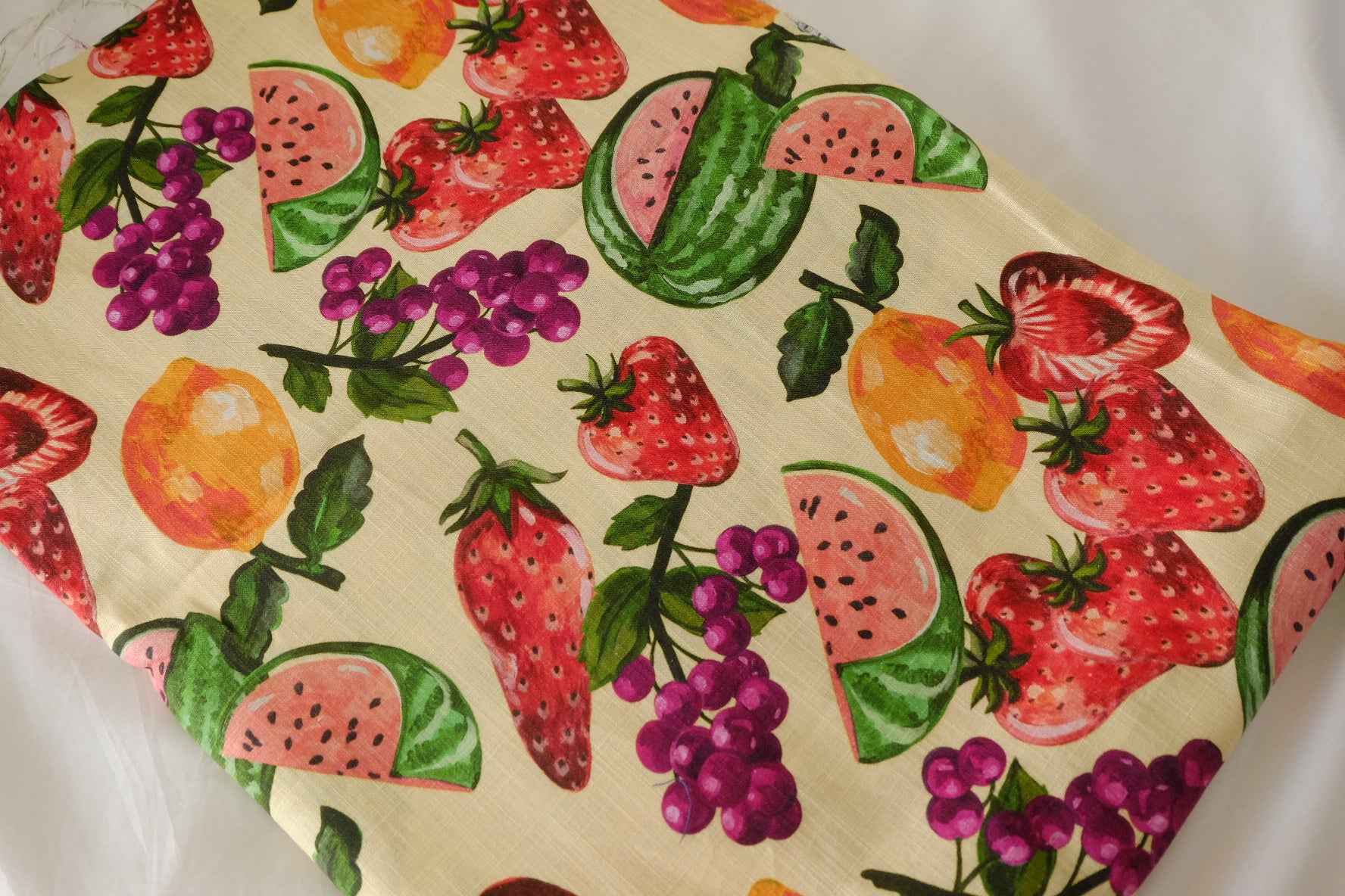 Linen Cotton Blend Fabric – Colorful Summer Fruit Print – 2.2 yd