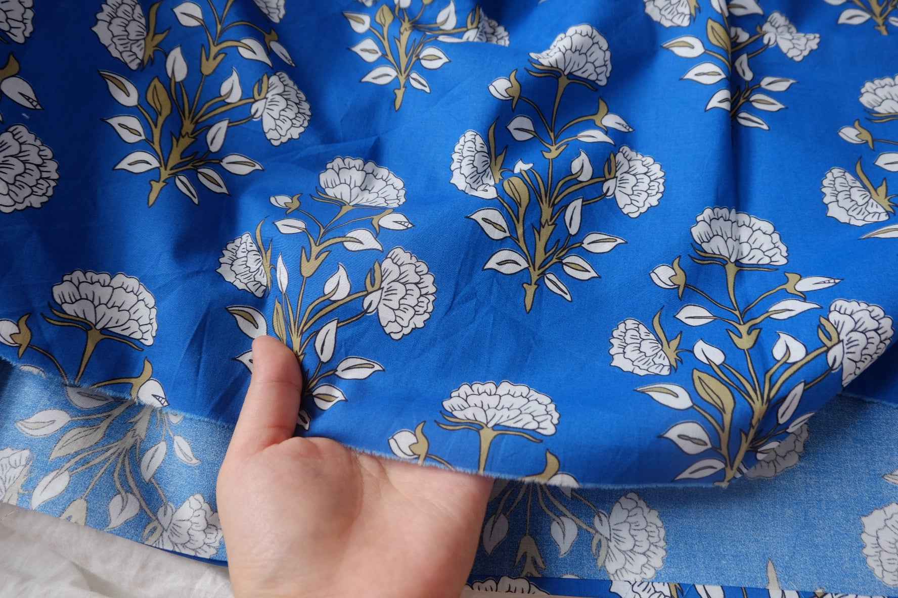 Blue Block Floral Cotton Poplin Fabric - 1.64 yd