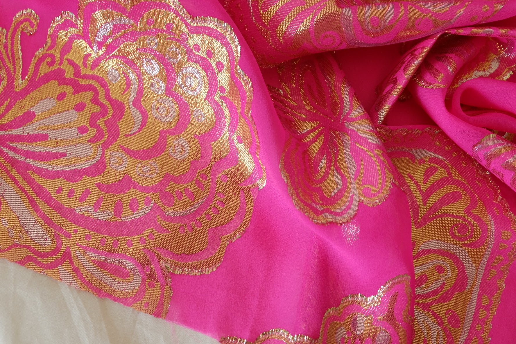 Pure Silk Metallic Embroidered Fabric – Fuchsia Gold Ornamental Jacquard – 2.3 yd