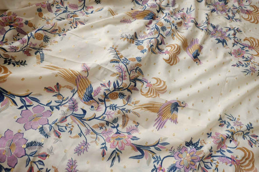 Metallic-Dotted Rayon Floral Bird Panel Fabric - 1.75 yd