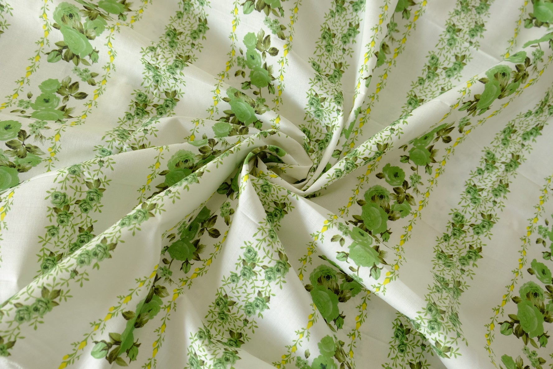 Green Rose Vine Stripe Cotton Lawn Fabric – 2.73 yd Piece