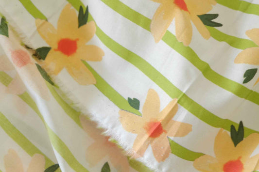 Cotton Lawn Fabric – Yellow Daisy Stripe Print – 3.3 yd