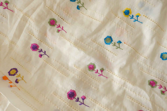 Embroidered Cotton Linen Fabric – Cream Ground with Colorful Floral Motifs – 1.6 yd
